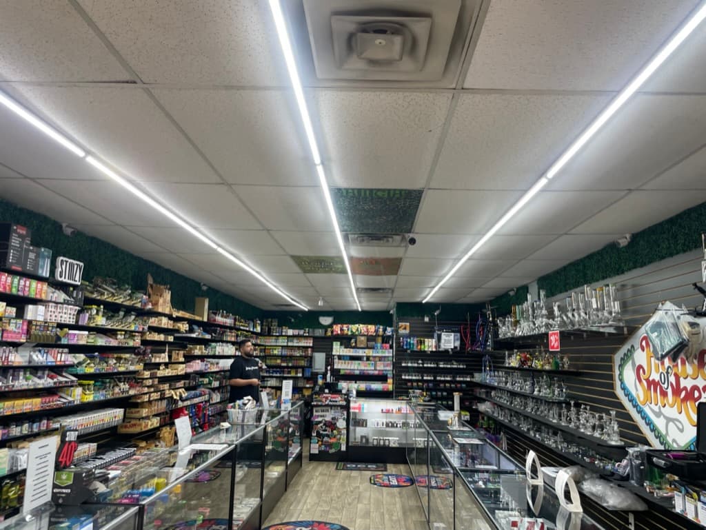 A retail interior with parallel linear LED strips running the length of the ceiling above stocked shelves.