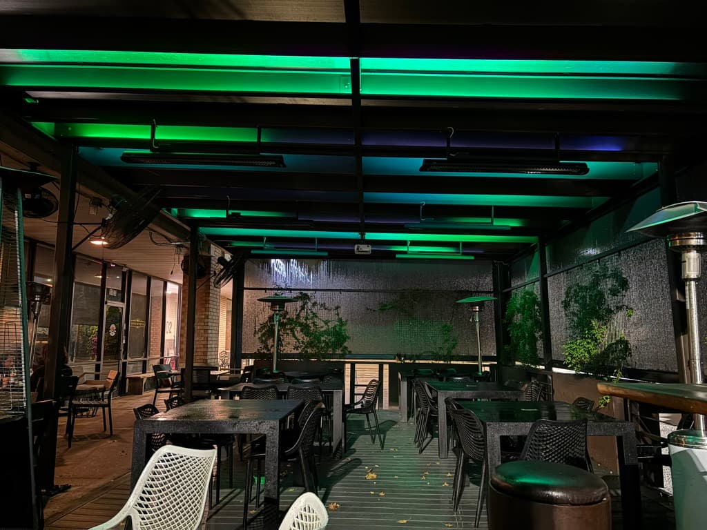 The same patio in a brighter blue color state, showing dynamic range.