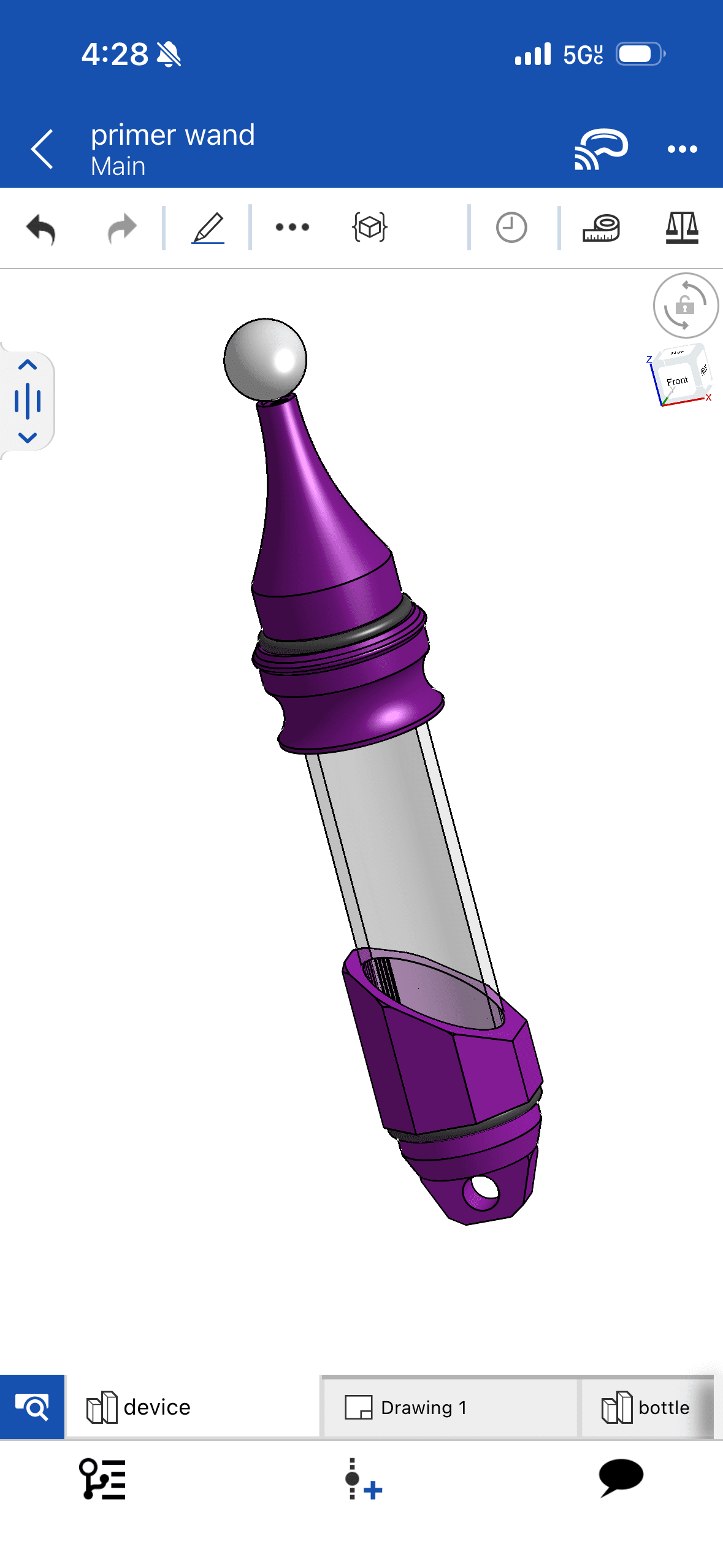 Onshape CAD model of the Primer Wand — purple body, clear chamber, sphere tip.