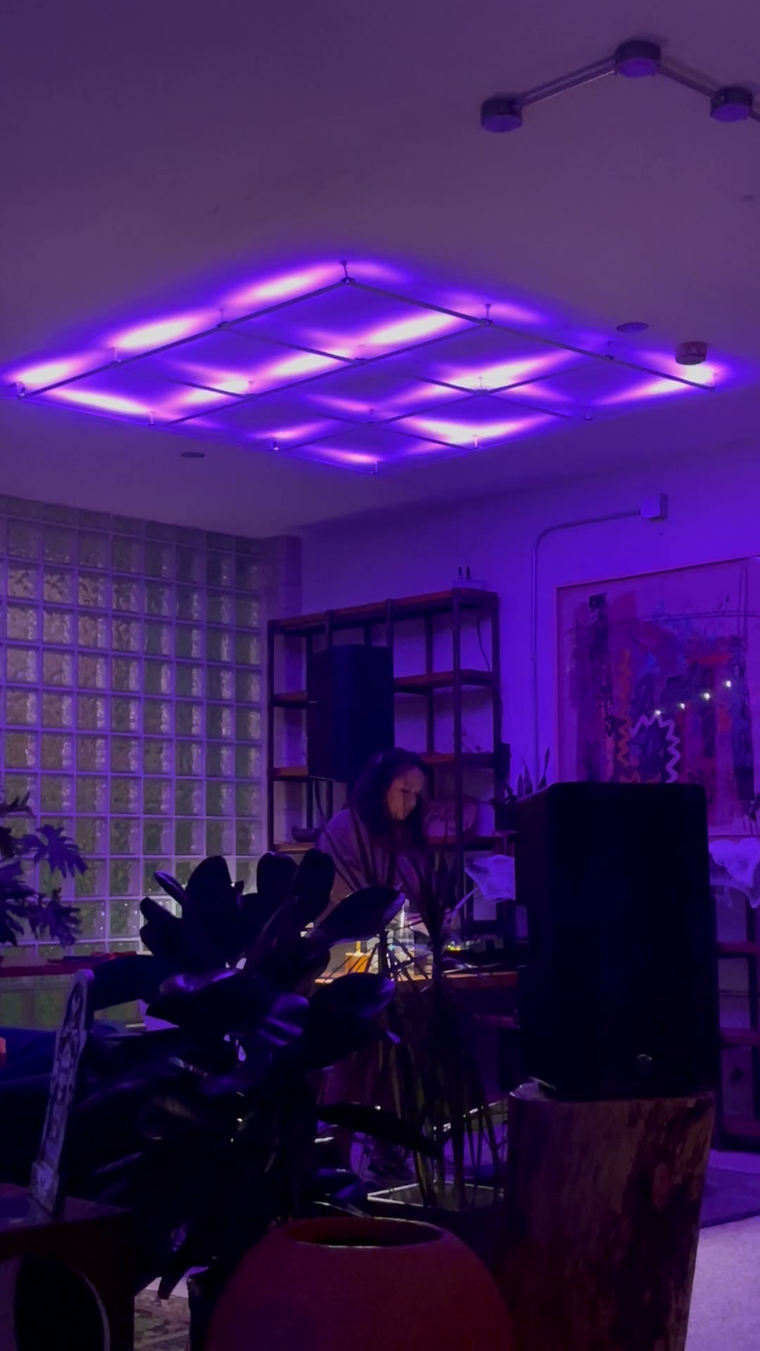 GridLights installed at Neighbors Bar, the ceiling cycling through colors during a live event.